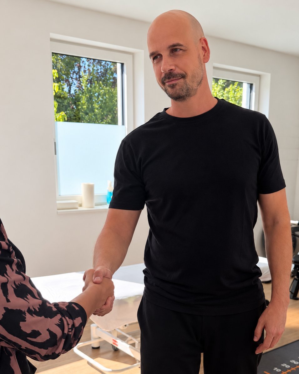 Timur Lowasser begrüßt eine Person mit Handschlag im Behandlungsraum